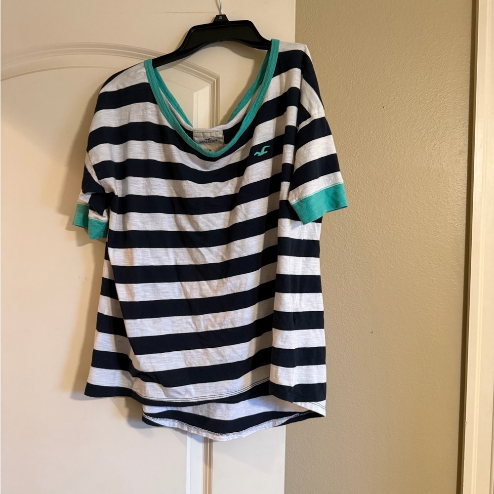 Hollister Navy and White Striped Tee with Green Trim